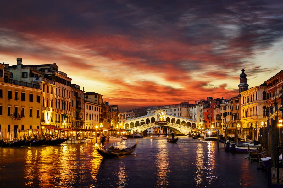 Ponte Rialto at sunset in Venice, Italy