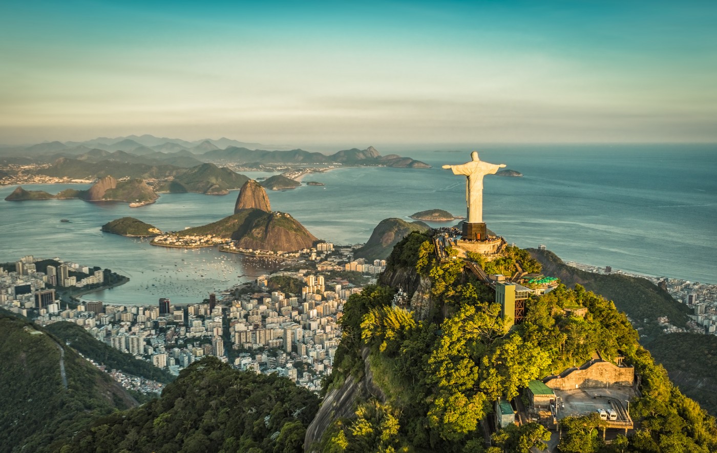 Aerial panorama of Christ and Sugar Loaf Mountain, Rio De Janeiro, Brazil.  Vintage colors (LANDSCAPE)